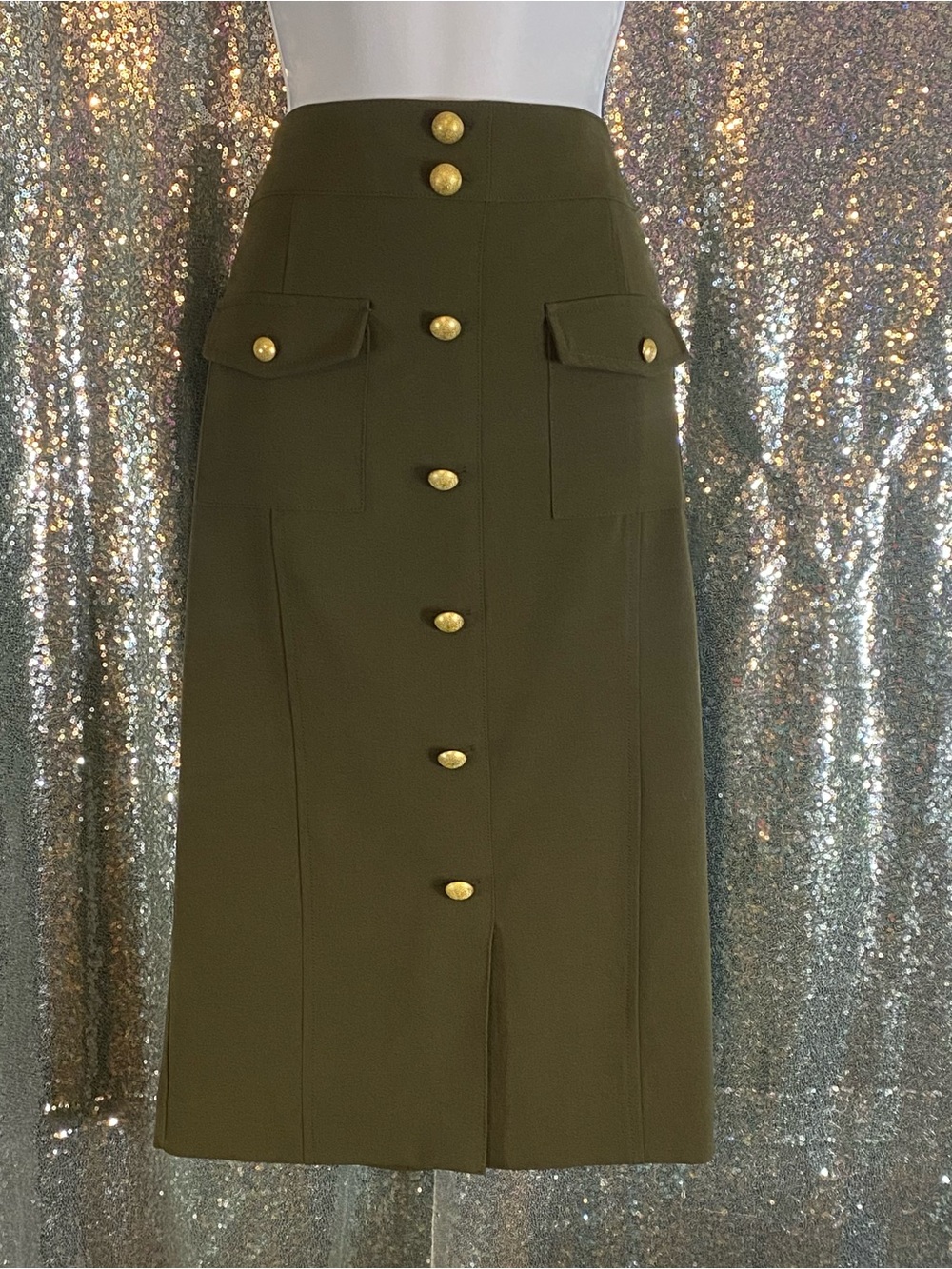 7th Avenue NY & Co Army Green Midi Pencil Skirt | Gold Military Buttons | Size 1
